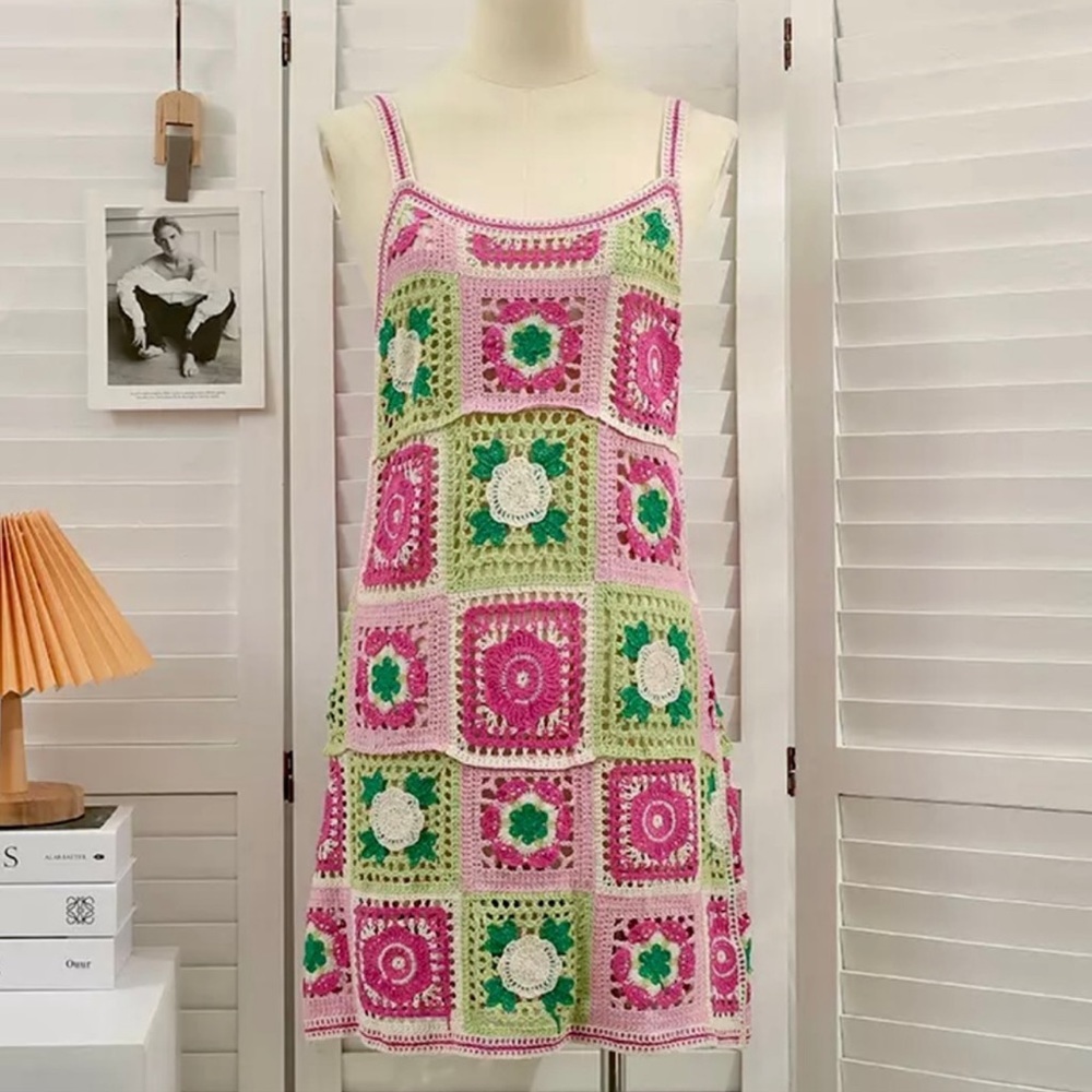 Pink and green crocheted, granny, squares mini sundress